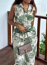 Green Sleeveless Lapel Printed Vest Loose Wide-Leg Casual Trousers Two-Piece Suit For Women Green Sleeveless Lapel Printed Vest Loose Wide-Leg Casual Trousers Two-Piece Suit For Women
