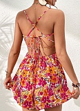 Spring And Summer Holiday Style New Floral Square Neck Halter Back Dress For Women