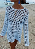 New Hllow Hook Flower Round Neck Pullover Long Sleeve Beach Vacation Blouse