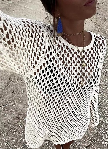 New Hllow Hook Flower Round Neck Pullover Long Sleeve Beach Vacation Blouse