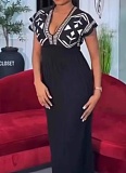New Elegant V-neck High Waist Knitted Jacquard Dress