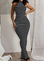 Black New Backless Lace-Up High Elastic Striped Halter Neck Dress