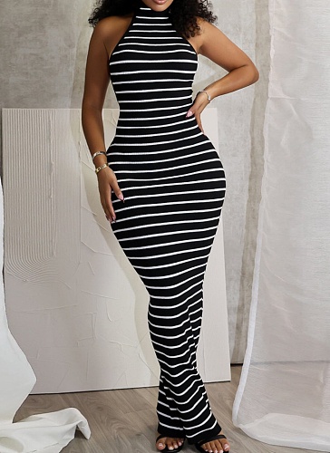 Black New Backless Lace-Up High Elastic Striped Halter Neck Dress