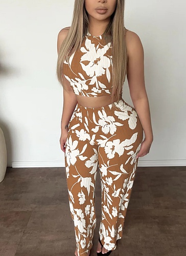 Sleeveless Vest High Waist Trousers Floral Print Two Piece Set