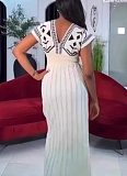 New Elegant V-neck High Waist Knitted Jacquard Dress