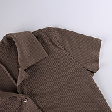 Solid Color Lapel Buttoned Ribbed Tight Csual Jumpsuit