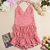 Sexy Bra Top With Straps and Elastic Shorts With Plaid Pattern Two-piece Suit