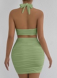 V-Neck Halter Neck Navel-Baring Vest Sexy Pleated Hip Skirt Two-Piece Set