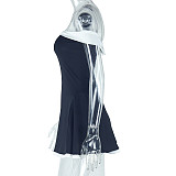 Black and White Colorblocked One-shoulder Raglan Sleeve Halter Back Dress