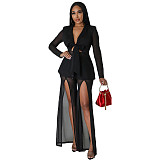 Fashionable Sexy Solid Color Waist Tie Small Suit Long Sleeve Slit Two-piece Suit