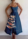 Solid Color Sexy U-neck Waist Pleated Sling Dress