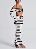 Sexy Striped Long Sleeve Halter Top Skirt Two-Piece Set