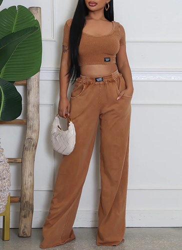 Sexy U-Neck Short Top And Wide-Leg Pants Two-Piece Set