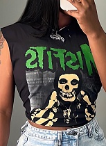 Black Summer Loose Fun Print Sleeveless Vest