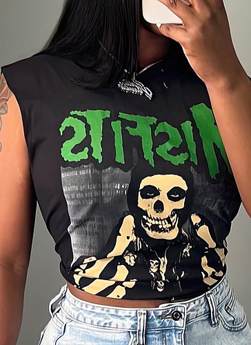 Black Summer Loose Fun Print Sleeveless Vest