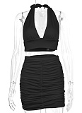 V-Neck Halter Neck Navel-Baring Vest Sexy Pleated Hip Skirt Two-Piece Set