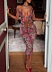 Sexy Mesh Halter Tank Top Slim Fit Printed Leggings Set