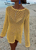 New Hllow Hook Flower Round Neck Pullover Long Sleeve Beach Vacation Blouse
