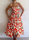 Solid Color Sexy U-neck Waist Pleated Sling Dress