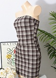 Brown Belly-Baring Vest Plaid Skirt Two-Piece Set