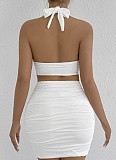 V-Neck Halter Neck Navel-Baring Vest Sexy Pleated Hip Skirt Two-Piece Set