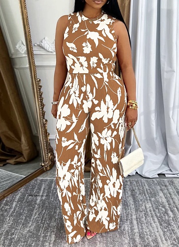 Sleeveless Vest High Waist Trousers Floral Print Two Piece Set