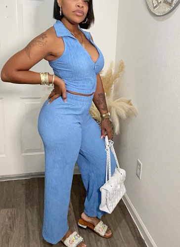 Summer Sleeveless Top Pleated Casual Pants Set