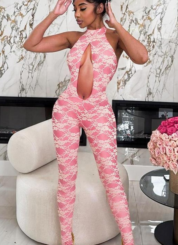 New Hollow Lace Halter Neck straps Large Backless Tight Jumpsuit