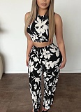 Sleeveless Vest High Waist Trousers Floral Print Two Piece Set