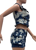 Women'S Multi-Pocket Vest Ink-Splashed Shorts Stretch Denim Two-Piece Suit