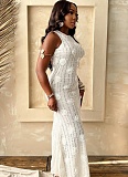 White Fashion Sexy Sleeveless Lace-Up Backless Solid Color Long Dress For Women