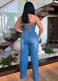 Blue Strapless Slim Straight Wide-Leg Denim Jumpsuit