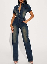Dark Blue Slim Fit Stretch Washed Denim Straight Loose Jumpsuit For Women
