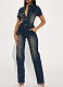 Dark Blue Slim Fit Stretch Washed Denim Straight Loose Jumpsuit For Women