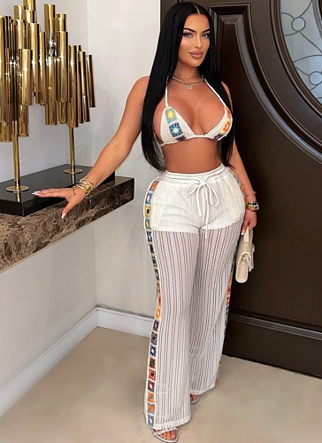 White Knitted Color Matching Sexy Perspective Hollow Three-Piece Suit Casual Beach Style