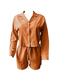 Solid Color Striped Long-Sleeved Shirt And Shorts Two-Piece Set
