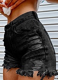 Mouth Biting Finger Print Fashionable Ripped Denim Shorts For Women
