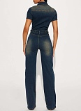 Dark Blue Slim Fit Stretch Washed Denim Straight Loose Jumpsuit For Women