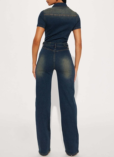 Dark Blue Slim Fit Stretch Washed Denim Straight Loose Jumpsuit For Women