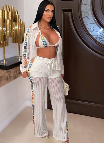 White Knitted Color Matching Sexy Perspective Hollow Three-Piece Suit Casual Beach Style