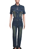 Dark Blue Slim Fit Stretch Washed Denim Straight Loose Jumpsuit For Women