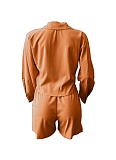 Solid Color Striped Long-Sleeved Shirt And Shorts Two-Piece Set