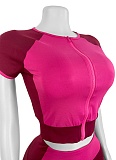 Summer Stitching Contrast Color Round Neck Short Sleeve High Waist Pants Two Piece Suit For Women