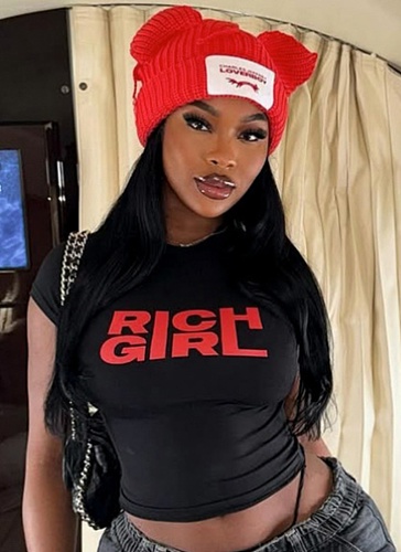 Black Short Slim Sexy Round Neck Letter Print Short Sleeve T-Shirt Top