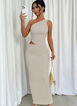 Summer New Cute Casual Drawstring Vest Solid Color Long Skirt Two Piece Set