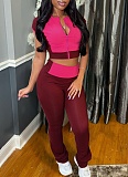 Summer Stitching Contrast Color Round Neck Short Sleeve High Waist Pants Two Piece Suit For Women
