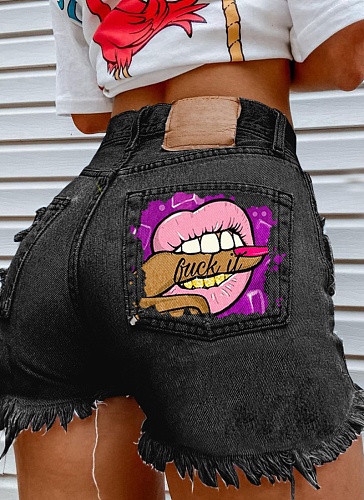 Mouth Biting Finger Print Fashionable Ripped Denim Shorts For Women