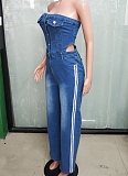 Blue Strapless Slim Straight Wide-Leg Denim Jumpsuit