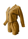 Solid Color Striped Long-Sleeved Shirt And Shorts Two-Piece Set