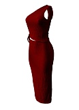Summer New Cute Casual Drawstring Vest Solid Color Long Skirt Two Piece Set